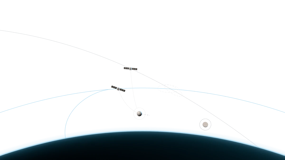 A rocket’s trail curves into an orbit, where two satellites pass above the dim edge of the Earth.