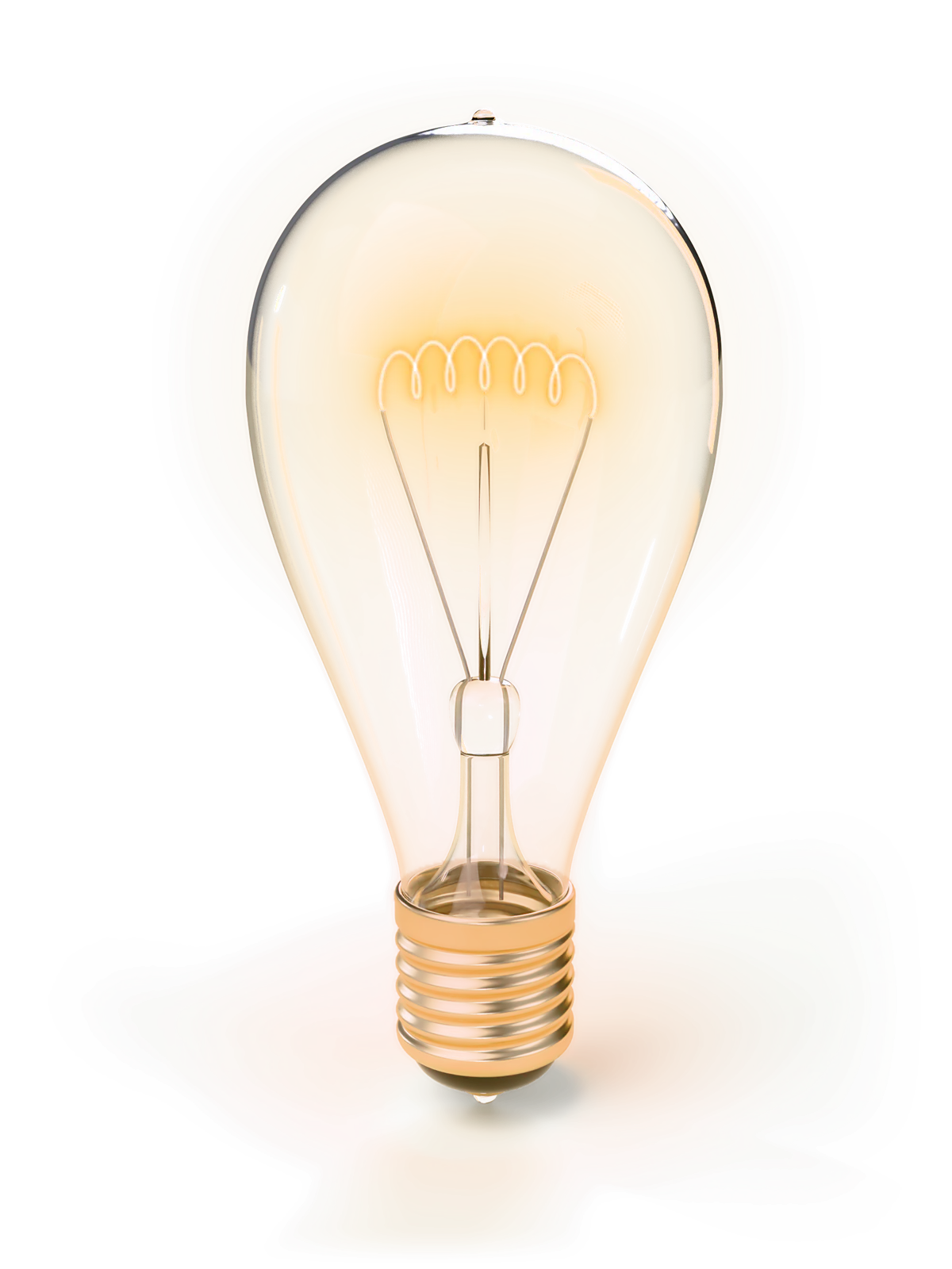 A clear glass light bulb with a threaded brass base, its filament lit.